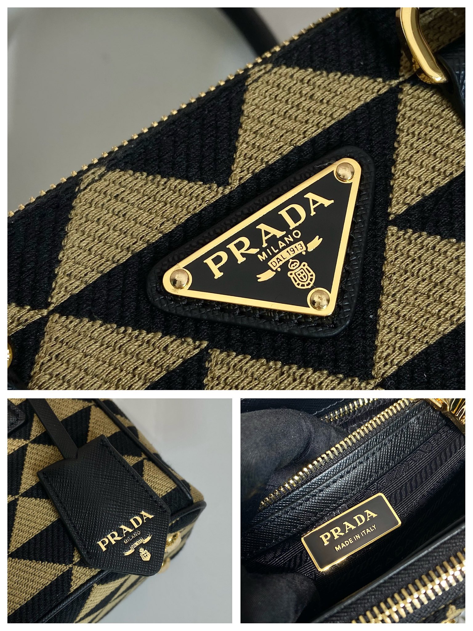 Prada Mini Galleria Saffiano Leather Embroidered Fabric Bag Tote Shoulder Bag Black 1BA906